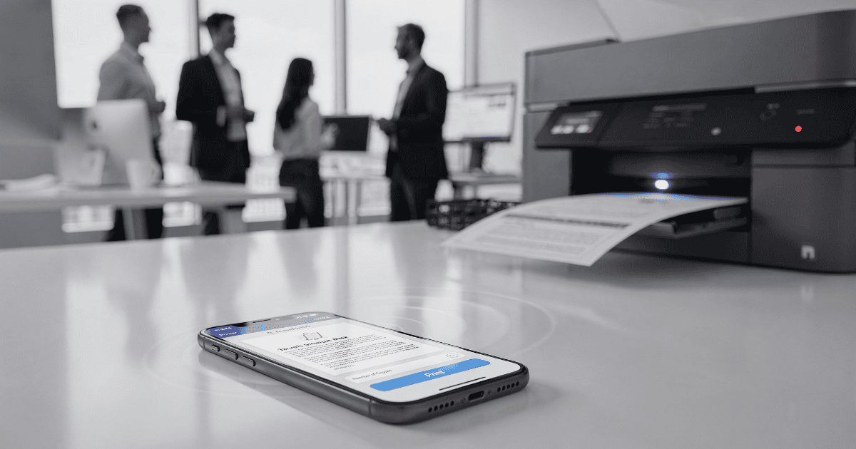 An iPhone lies on a white office desk displaying a print command, with a wireless signal animation radiating toward a modern office printer in the background where people are meeting.