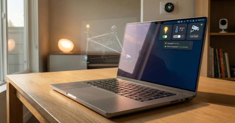 MacBook displaying smart home controls with HomeKit and Home Assistant devices connected in a modern living space