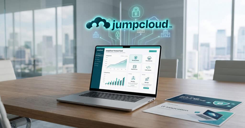 A laptop on a conference table displays the JumpCloud dashboard beneath a large JumpCloud logo, with security and cloud icons floating above in a modern office setting.