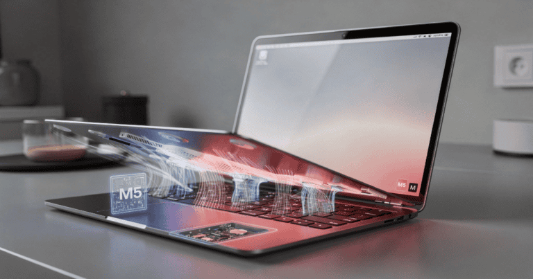 A conceptual 3D render of a MacBook Air with the keyboard deck lifted to reveal internal components, featuring a glowing M5 chip and blue and red light trails representing airflow and heat dissipation.