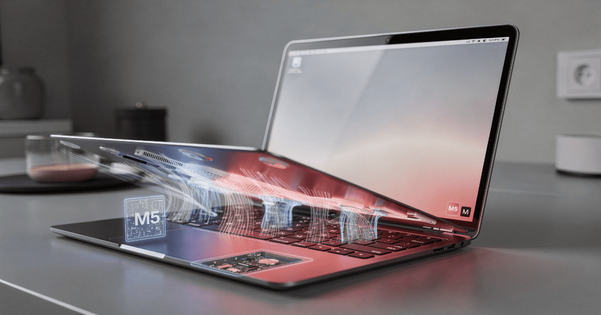 A conceptual 3D render of a MacBook Air with the keyboard deck lifted to reveal internal components, featuring a glowing M5 chip and blue and red light trails representing airflow and heat dissipation.