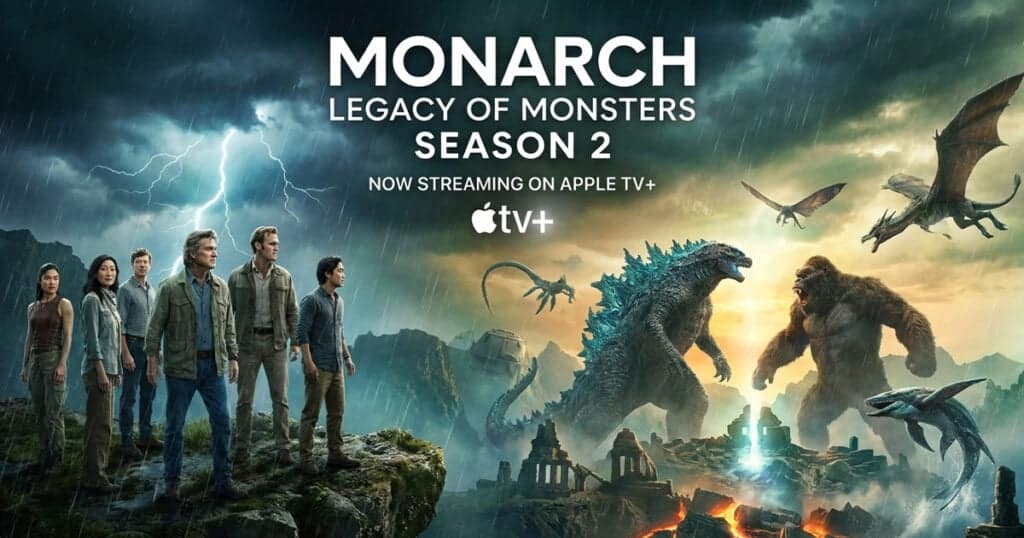 Key art for Monarch: Legacy of Monsters Season 2 showing six cast members standing on a stormy cliff edge as Godzilla and Kong square off among ruins, with flying kaiju overhead and the Apple TV+ logo below the title.