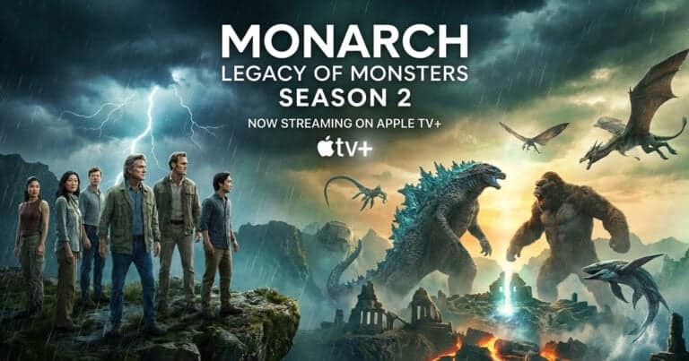Key art for Monarch: Legacy of Monsters Season 2 showing six cast members standing on a stormy cliff edge as Godzilla and Kong square off among ruins, with flying kaiju overhead and the Apple TV+ logo below the title.