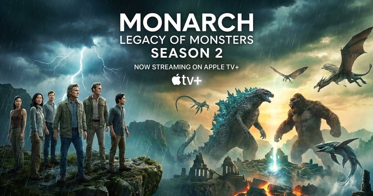 Key art for Monarch: Legacy of Monsters Season 2 showing six cast members standing on a stormy cliff edge as Godzilla and Kong square off among ruins, with flying kaiju overhead and the Apple TV+ logo below the title.