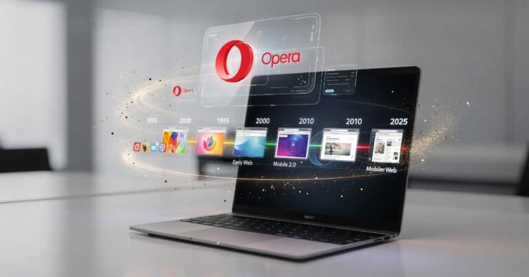 Laptop displaying Opera browser timeline highlighting its evolution from early web browsers in 1995 to modern web browsing in 2025