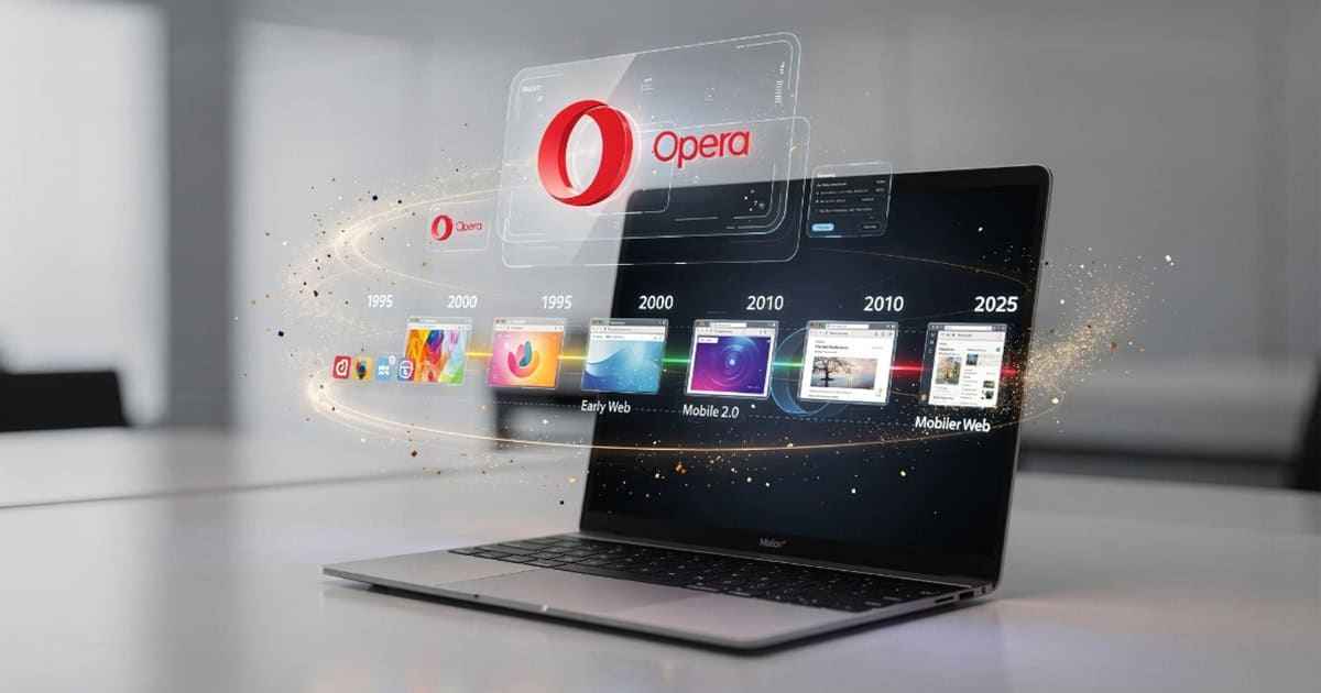 Laptop displaying Opera browser timeline highlighting its evolution from early web browsers in 1995 to modern web browsing in 2025