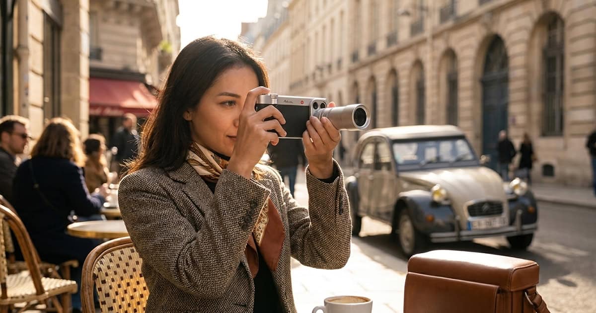 A woman in a tweed blazer and silk scarf raises a compact black and silver camera to her eye while seated at a sunlit Parisian sidewalk cafe, with a vintage Citroen 2CV parked across the street.