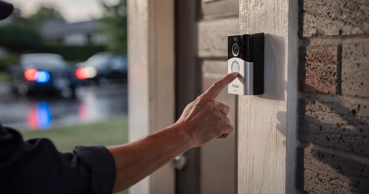 Person pressing a Ring video doorbell mounted on a brick house exterior, with blurred police lights visible in the background.