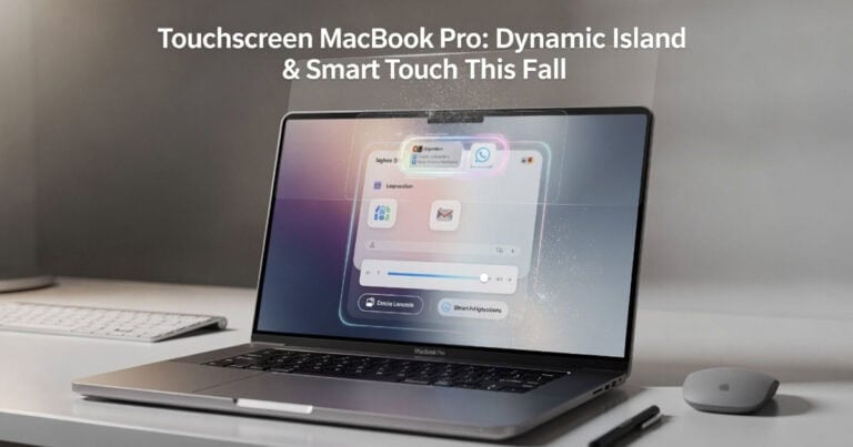 MacBook Pro concept showing touchscreen interface with Dynamic Island and smart touch controls