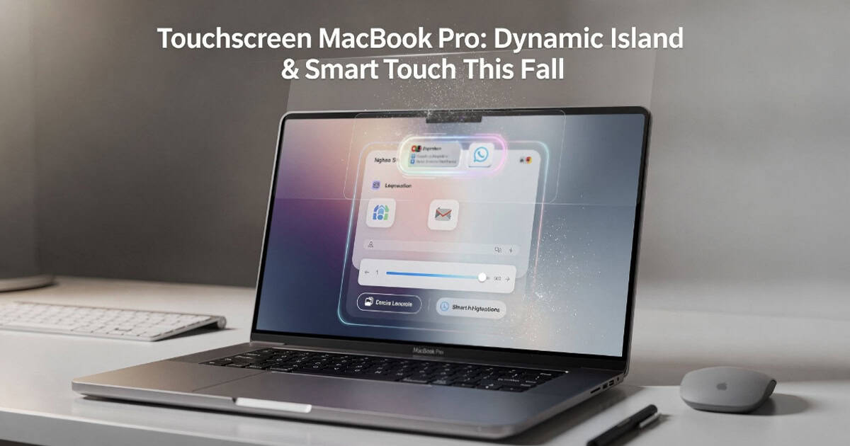 MacBook Pro concept showing touchscreen interface with Dynamic Island and smart touch controls