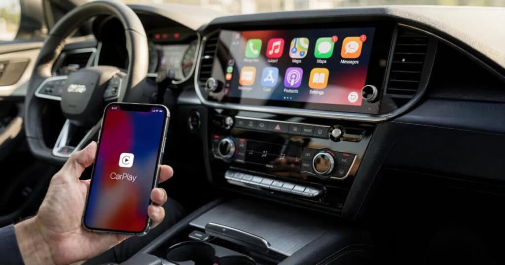 Driver holding a smartphone displaying the CarPlay logo while connected to a vehicle infotainment system showing app icons on the dashboard screen.
