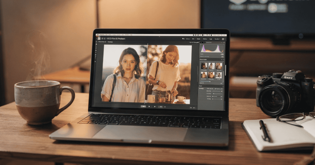 A laptop on a wooden desk showing a side-by-side photo edit in Adobe Lightroom using VSCO Film 02 presets, next to a steaming cup of coffee and a mirrorless camera.