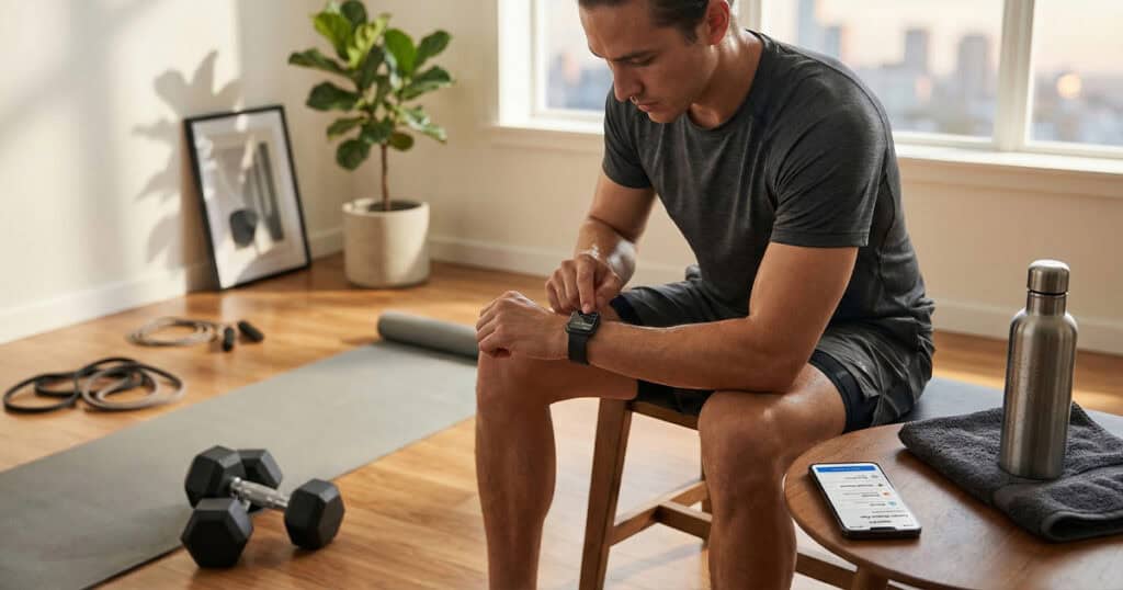 A man in workout gear sits on a bench in a sunlit home gym, interacting with his Apple Watch to start a custom exercise. A smartphone on a nearby side table shows the WatchFit app interface with a "Custom Workout Plan," surrounded by dumbbells, a yoga mat, and a water bottle.