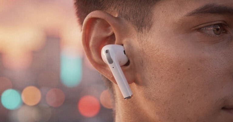 Close up of Apple AirPods worn in ear against blurred city background at sunset