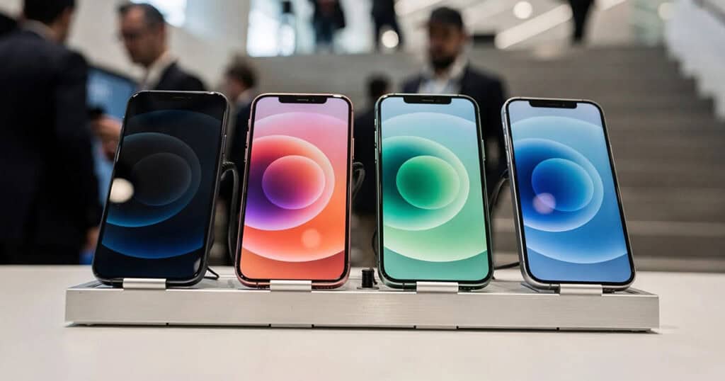 Four smartphones displayed on a retail stand with colorful home screens, set against a blurred store interior background.