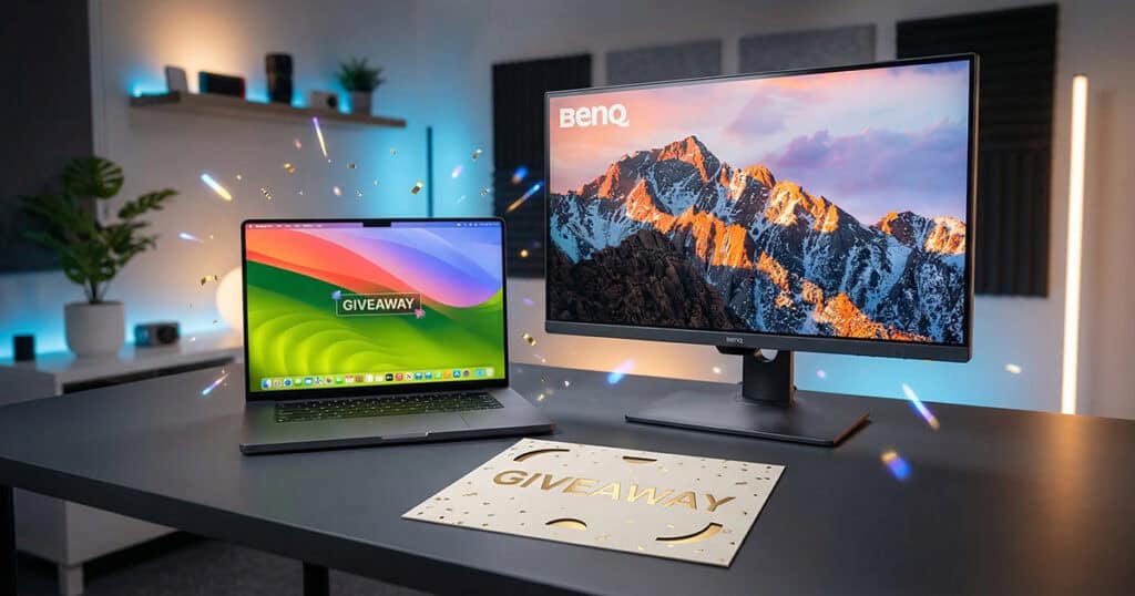 MacBook Pro and BenQ 27-inch 4K monitor displayed on a desk with giveaway sign and colorful lighting effects