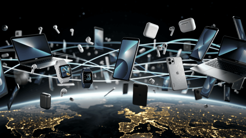 Floating smartphones, laptops, smartwatches, and wireless earbuds connected by glowing network lines above Earth at night.