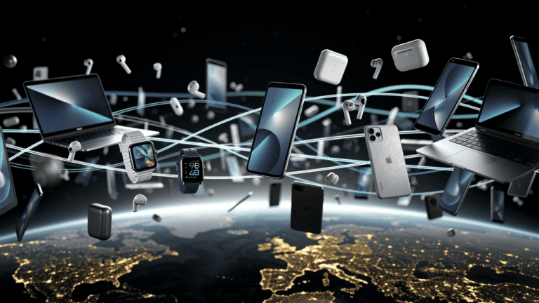 Floating smartphones, laptops, smartwatches, and wireless earbuds connected by glowing network lines above Earth at night.