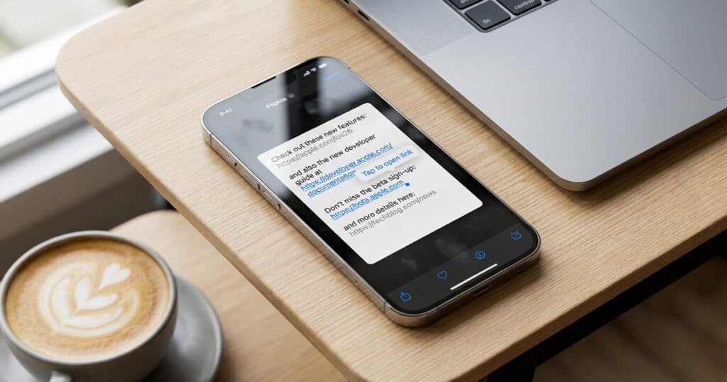 An iPhone on a wooden desk displays a screenshot with plain text URLs automatically converted into tappable links, next to a laptop and a cup of coffee.