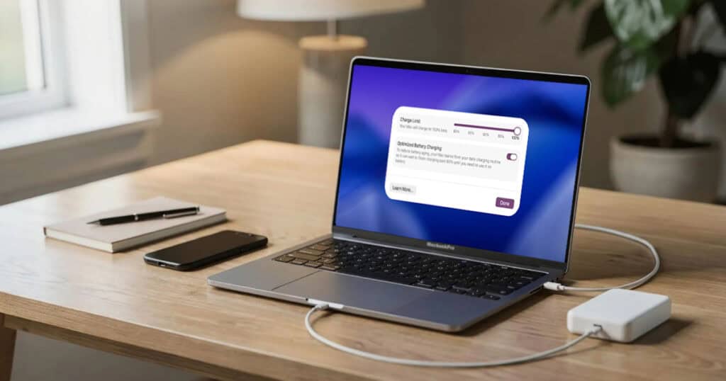 MacBook Pro on a wooden desk connected to a charger, displaying battery charge limit settings on the screen, with a smartphone and notebook nearby.
