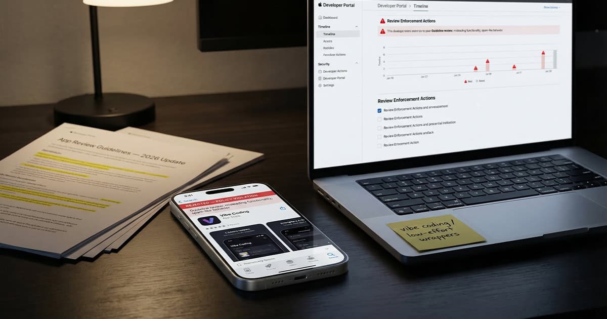 An iPhone on a desk displays an App Store rejection notice for a "Vibe Coding" app, citing a policy violation for misleading functionality. Behind it, a MacBook Pro shows the Apple Developer Portal with a "Review Enforcement Actions" chart, and a printed copy of the "App Review Guidelines — 2026 Update" lies nearby with highlighted text.