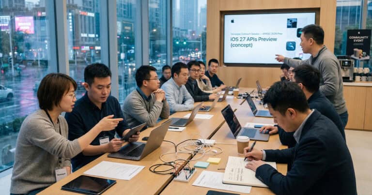 A group of developers sits at a long wooden table in a modern Apple office in China, collaborating with laptops and tablets. In the background, a presenter points to a large screen displaying "iOS 27 APIs Preview (concept)" under the WWDC 2026 header.