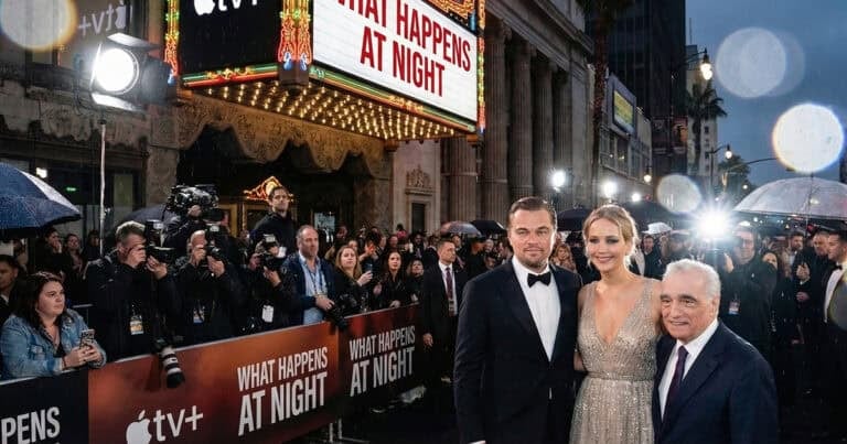 A red carpet event at night outside a classic theater marquee displaying the title "WHAT HAPPENS AT NIGHT," where a male actor in a tuxedo, a female actress in a sparkling gown, and an older male director stand smiling together while photographers, press, and spectators gather behind a barricade.