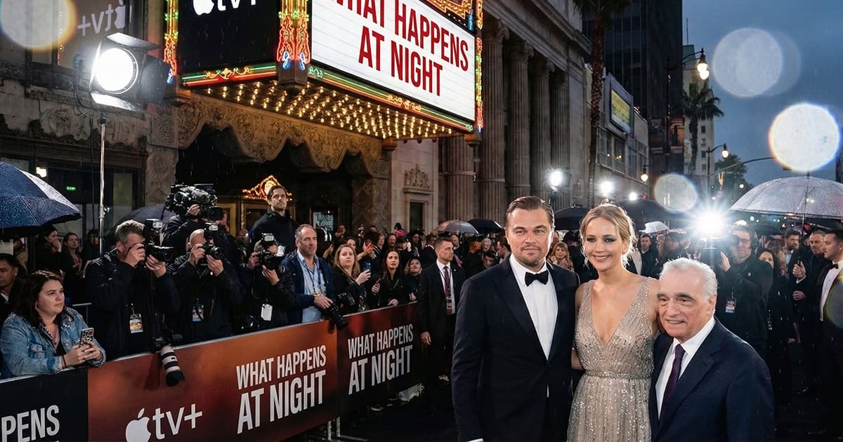 A red carpet event at night outside a classic theater marquee displaying the title "WHAT HAPPENS AT NIGHT," where a male actor in a tuxedo, a female actress in a sparkling gown, and an older male director stand smiling together while photographers, press, and spectators gather behind a barricade.