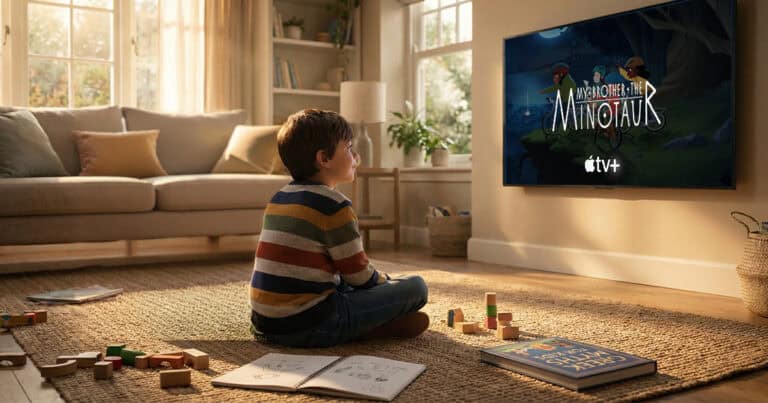 A young boy in a striped sweater sits cross-legged on a rug in a sunlit living room, watching an animated series titled 'My Brother the Minotaur' on an Apple TV+. Books and toys are scattered around him.
