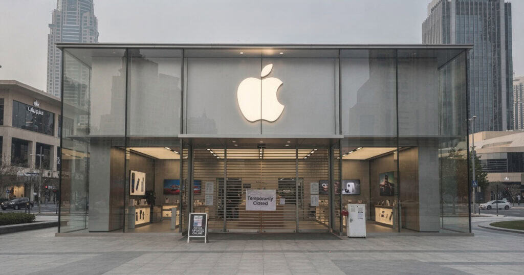Apple retail store with large glass facade and closed entrance sign in a city shopping district