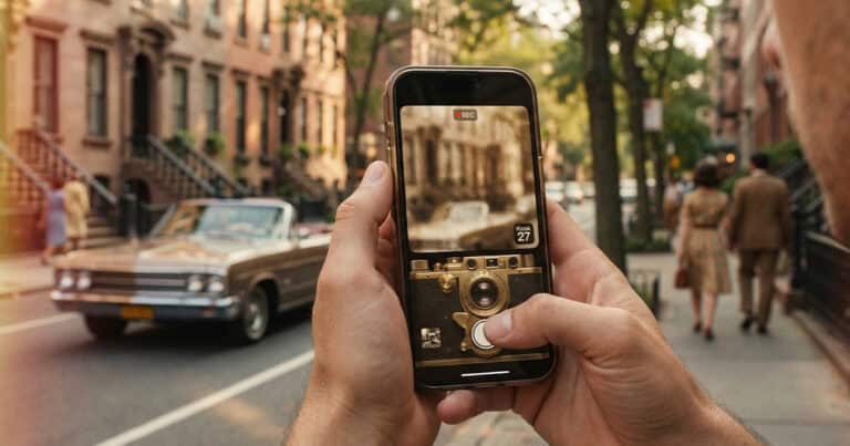 A person holding a smartphone on a city street, using a camera interface app that displays a vintage camera body on screen while capturing a blurred sepia-toned view of a classic brownstone neighborhood with a convertible car.
