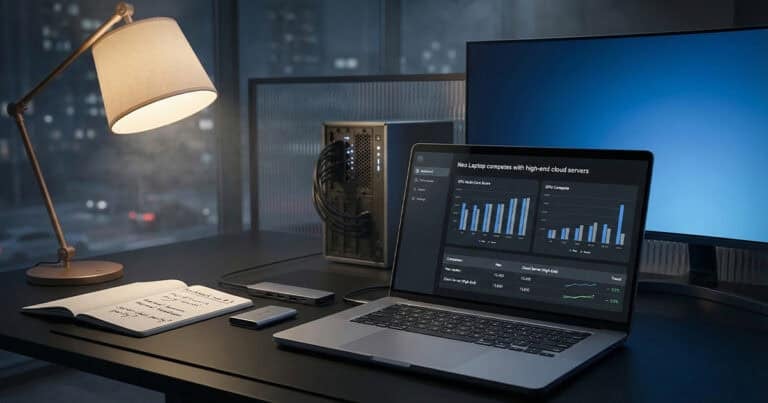 An open laptop sits on a dark desk at night, illuminated by a desk lamp. The laptop screen displays a benchmark software dashboard titled "Neo Laptop competes with high-end cloud servers," showing charts comparing "CPU Multi-Core Score" and "GPU Compute" between "Neo Laptop" and "Cloud Server (High-End)." In the background, an external monitor, a small form factor PC, a USB hub, and an open notebook with handwritten notes are visible.