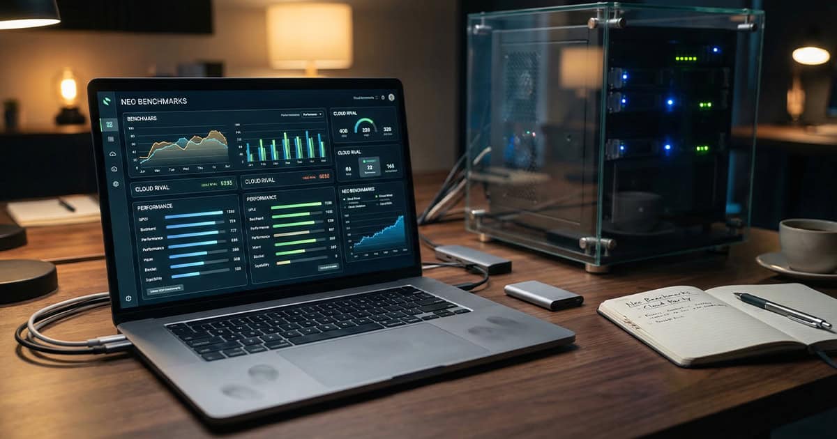 A high-end workspace setup with a laptop displaying a 'Neo Benchmarks' dashboard next to a clear acrylic server case with blinking lights. In front, there's a notebook with handwritten notes on 'Cloud Ready.'