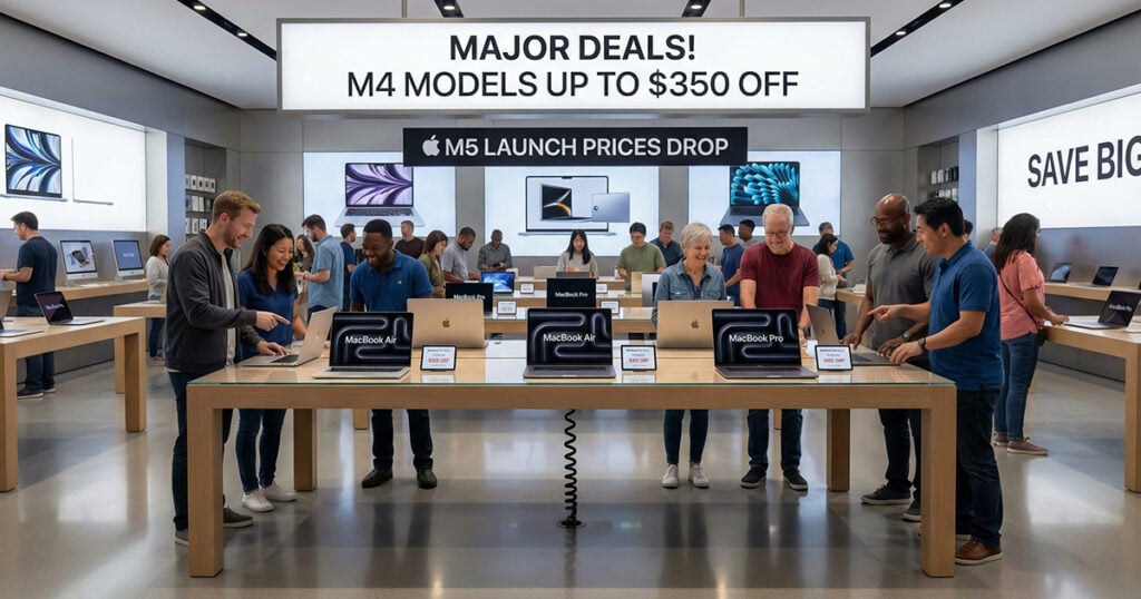 A busy retail store where customers are gathered around a long wooden display table testing various laptops, beneath a large overhead sign advertising promotional discounts.