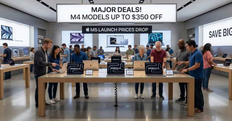 A busy retail store where customers are gathered around a long wooden display table testing various laptops, beneath a large overhead sign advertising promotional discounts.