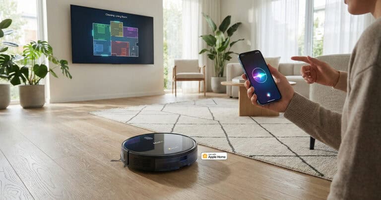 A black Matic robot vacuum sits on a light hardwood floor in a modern, bright living room. In the foreground, a person holds a smartphone showing the glowing Siri interface on the screen. In the background, a large wall-mounted television displays a color-coded floor plan map titled "Cleaning: Living Room." The room is decorated with a beige area rug, contemporary furniture, indoor plants, and large windows with sheer curtains. A small "Works with Apple Home" badge is superimposed near the vacuum.
