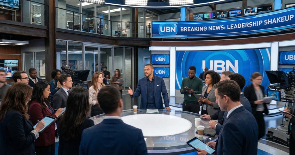A man in a blue suit stands in a high-tech UBN television newsroom addressing a large circle of journalists and production staff gathered around a central desk, under a digital screen that reads "BREAKING NEWS: LEADERSHIP SHAKEUP."
