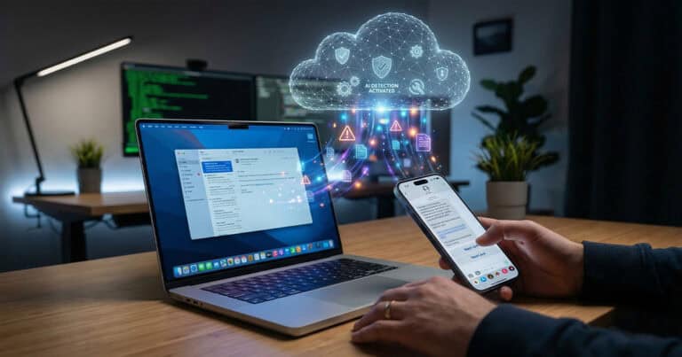 Person using iPhone and MacBook with cloud-based AI spam detection visualization above devices