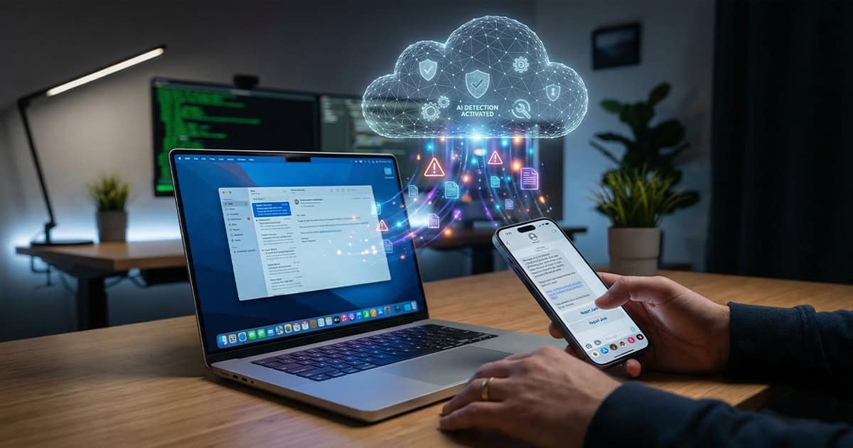 Person using iPhone and MacBook with cloud-based AI spam detection visualization above devices