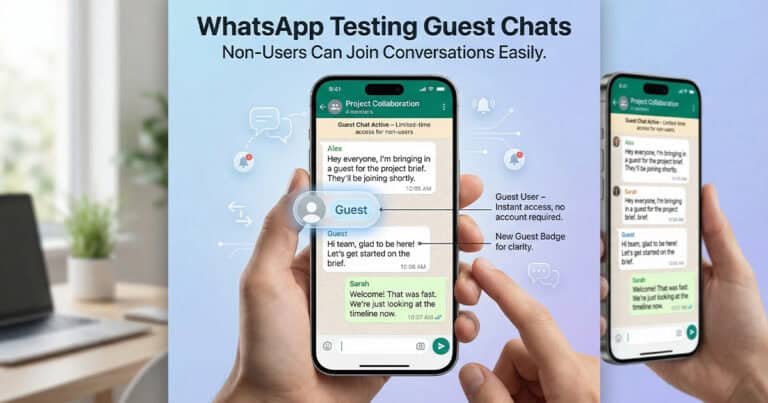 An infographic illustrating the new WhatsApp Guest Chats feature. The image highlights how non-users can join conversations via a temporary link. It features a UI mockup with a specific "Guest" badge in the chat bubbles and an explanatory banner at the top of the chat window, set against a clean, tech-focused background.