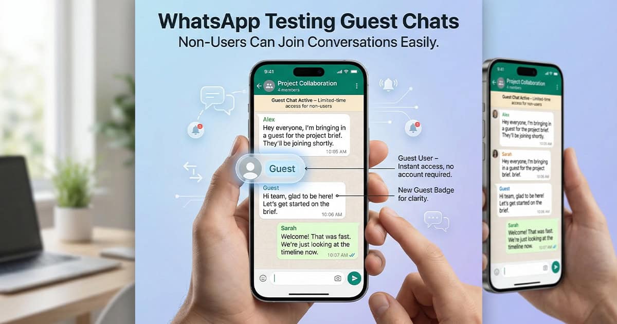 An infographic illustrating the new WhatsApp Guest Chats feature. The image highlights how non-users can join conversations via a temporary link. It features a UI mockup with a specific "Guest" badge in the chat bubbles and an explanatory banner at the top of the chat window, set against a clean, tech-focused background.
