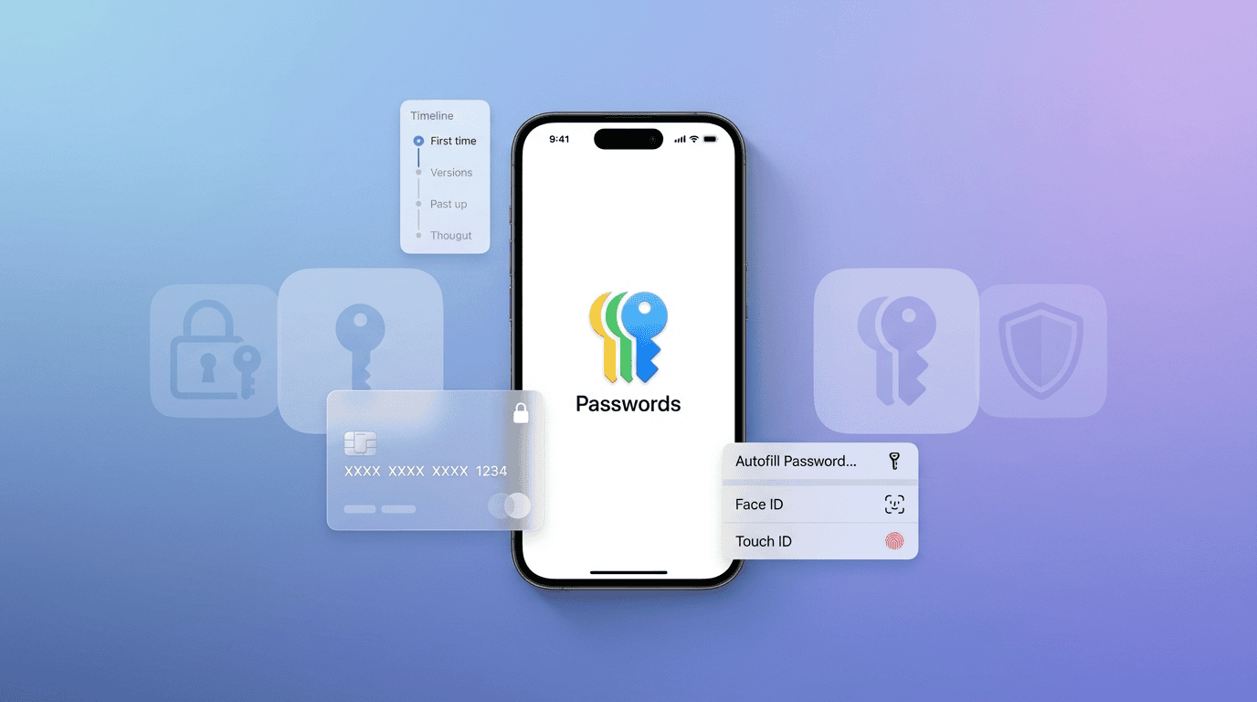 An iPhone centered on a purple and blue gradient background displaying the Apple Passwords app logo. Surrounding the phone are translucent floating UI elements including a credit card, Face ID/Touch ID prompts, a security timeline, and shield icons.
