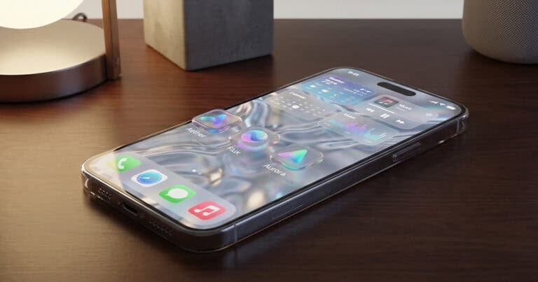 A high-end smartphone resting on a dark wooden surface, showcasing a screen with a shimmering metallic background texture and glass-like, three-dimensional translucent application icons and widgets.