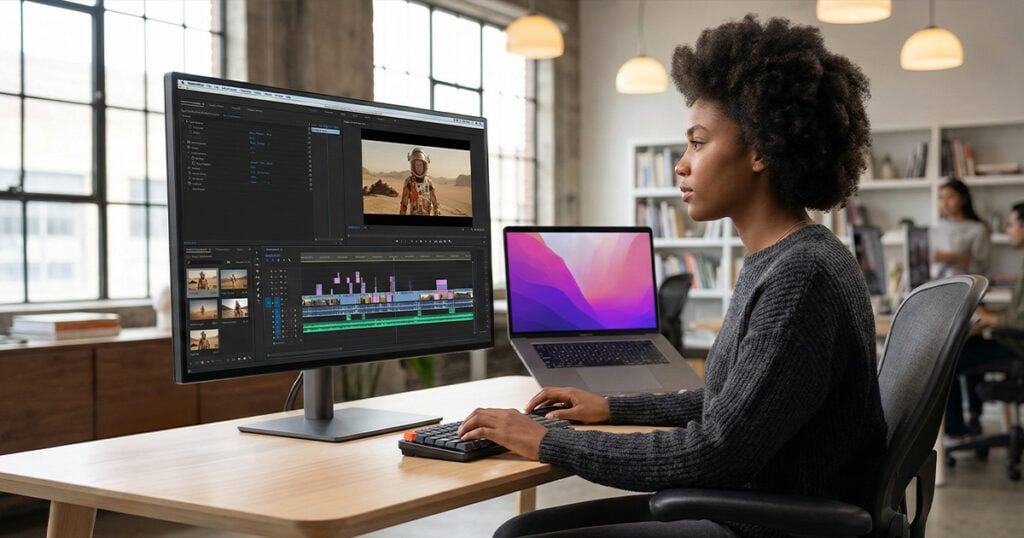 A woman with an afro hairstyle sitting at a wooden desk editing video on a large BenQ desktop monitor. An open MacBook Pro laptop sits next to the monitor, and her hands are typing on a compact mechanical keyboard. The background shows a bright, open modern workspace with large windows.
