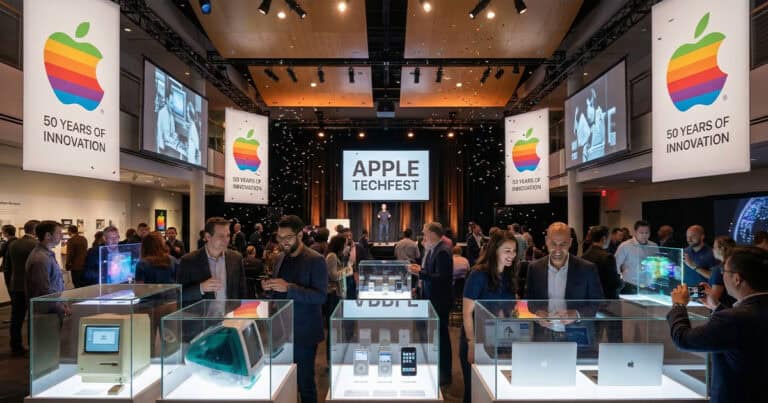 A crowded exhibition hall hosting the "Apple TechFest" event. Large banners hanging from the ceiling feature Apple's vintage rainbow logo and the text "50 YEARS OF INNOVATION." In the foreground, museum-style glass display cases showcase historical Apple products, including an original Macintosh, a Bondi Blue iMac G3, classic iPods, an original iPhone, and modern MacBooks. Attendees walk around the hall, looking at the exhibits and taking photos. In the background, a stage features a speaker standing beneath a large screen that reads "APPLE TECHFEST" while confetti falls through the air.