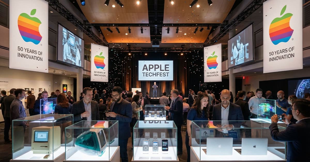 A crowded exhibition hall hosting the "Apple TechFest" event. Large banners hanging from the ceiling feature Apple's vintage rainbow logo and the text "50 YEARS OF INNOVATION." In the foreground, museum-style glass display cases showcase historical Apple products, including an original Macintosh, a Bondi Blue iMac G3, classic iPods, an original iPhone, and modern MacBooks. Attendees walk around the hall, looking at the exhibits and taking photos. In the background, a stage features a speaker standing beneath a large screen that reads "APPLE TECHFEST" while confetti falls through the air.