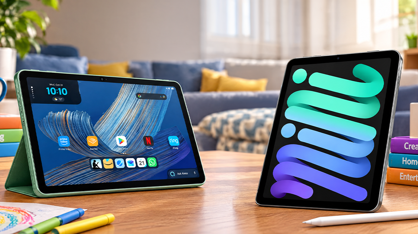 Two tablets side by side on a coffee table with pencils and cocoa, set up for an alexa tablet vs ipad comparison