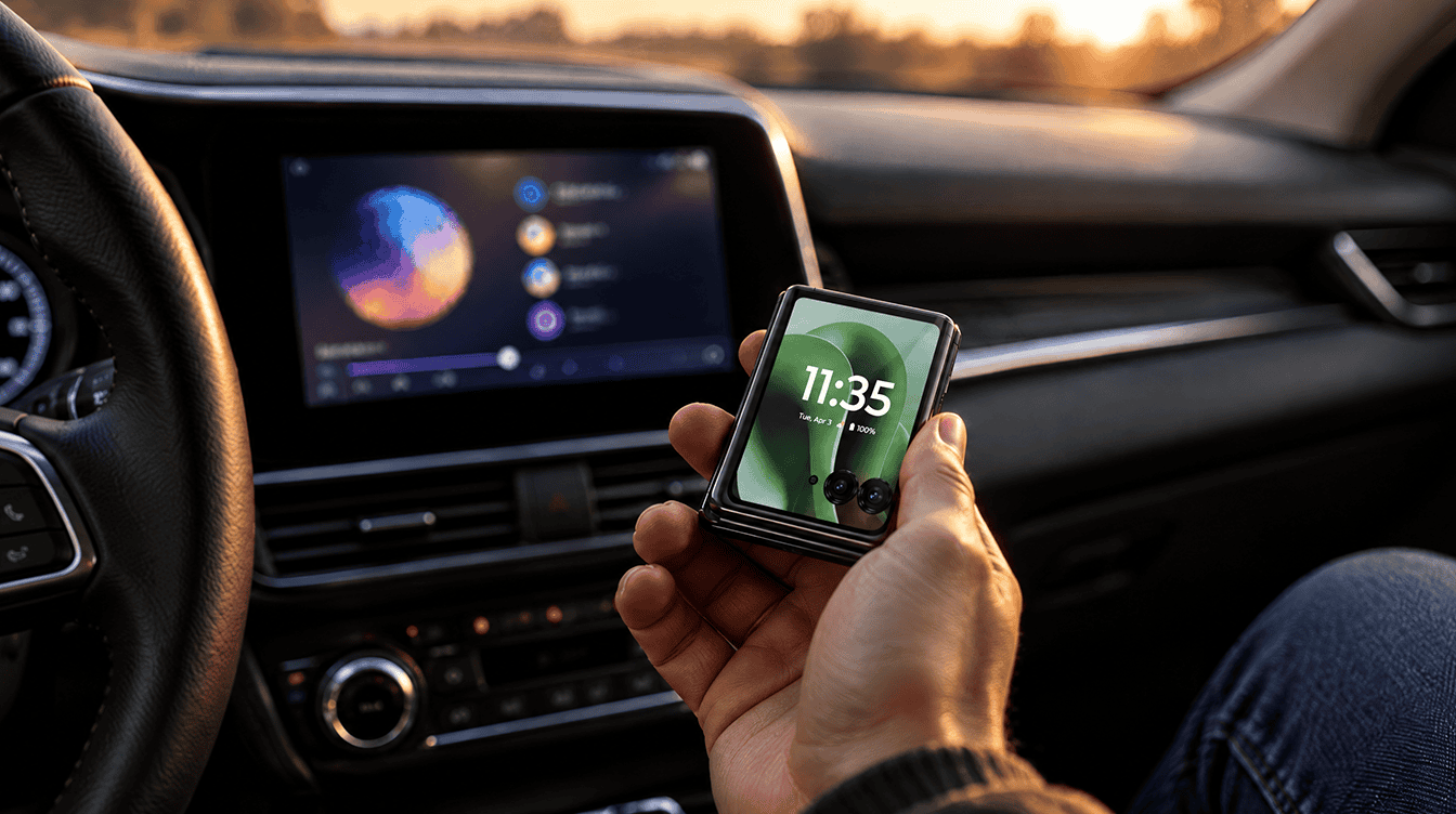 Driver's hand holding a closed flip phone near a car dashboard screen, android auto calls not working while folded