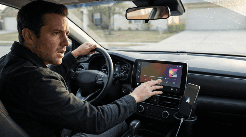 Hand reaching for a car dashboard touchscreen at sunrise while checking android auto autoplay settings
