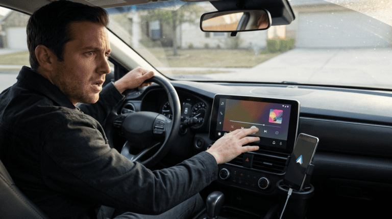 Hand reaching for a car dashboard touchscreen at sunrise while checking android auto autoplay settings